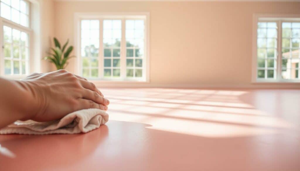 A well-lit, high-resolution photograph showcasing the meticulous care and maintenance of freshly painted walls. In the foreground, a hand gently applies a soft cloth, meticulously wiping away any excess paint or dust, ensuring a flawless, seamless finish. The middle ground reveals the vibrant, even color of the newly painted surface, reflecting the careful attention to detail during the application process. In the background, natural light streams in through large windows, casting a warm, inviting glow and highlighting the smooth, gleaming texture of the pristine walls. The scene conveys a sense of pride, professionalism, and the importance of proper wall care for a long-lasting, high-quality paint job. A well-lit, high-resolution photograph showcasing the meticulous care and maintenance of freshly painted walls. In the foreground, a hand gently applies a soft cloth, meticulously wiping away any excess paint or dust, ensuring a flawless, seamless finish. The middle ground reveals the vibrant, even color of the newly painted surface, reflecting the careful attention to detail during the application process. In the background, natural light streams in through large windows, casting a warm, inviting glow and highlighting the smooth, gleaming texture of the pristine walls. The scene conveys a sense of pride, professionalism, and the importance of proper wall care for a long-lasting, high-quality paint job.