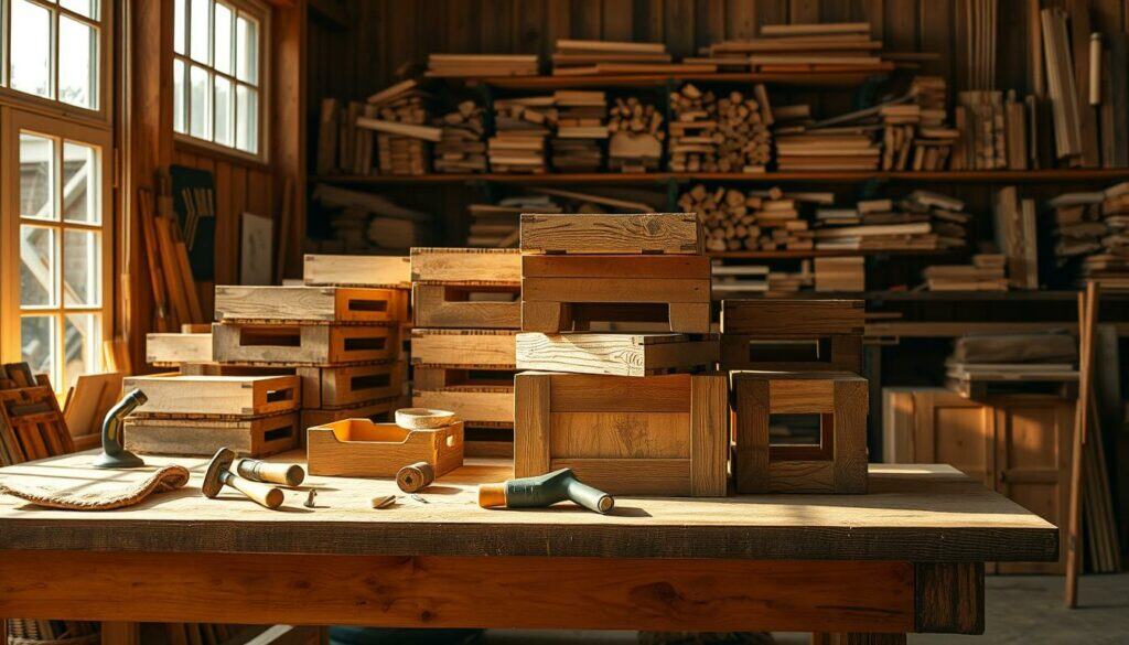 A well-lit, wooden workshop scene showcasing the preparation of wooden crates. In the foreground, a sturdy workbench displays an array of hand tools: saws, hammers, and sandpaper, ready for the task at hand. Stacks of unfinished wooden crates, their raw, textured surfaces waiting to be transformed, occupy the middle ground. Warm, natural lighting filters in from large windows, casting a soft glow and creating long shadows that add depth and dimension to the space. The background features additional storage shelves brimming with various wood supplies, hinting at the creative potential of this DIY workspace. An atmosphere of focused craftsmanship and the anticipation of a practical, yet stylish, bookshelf project pervades the scene.