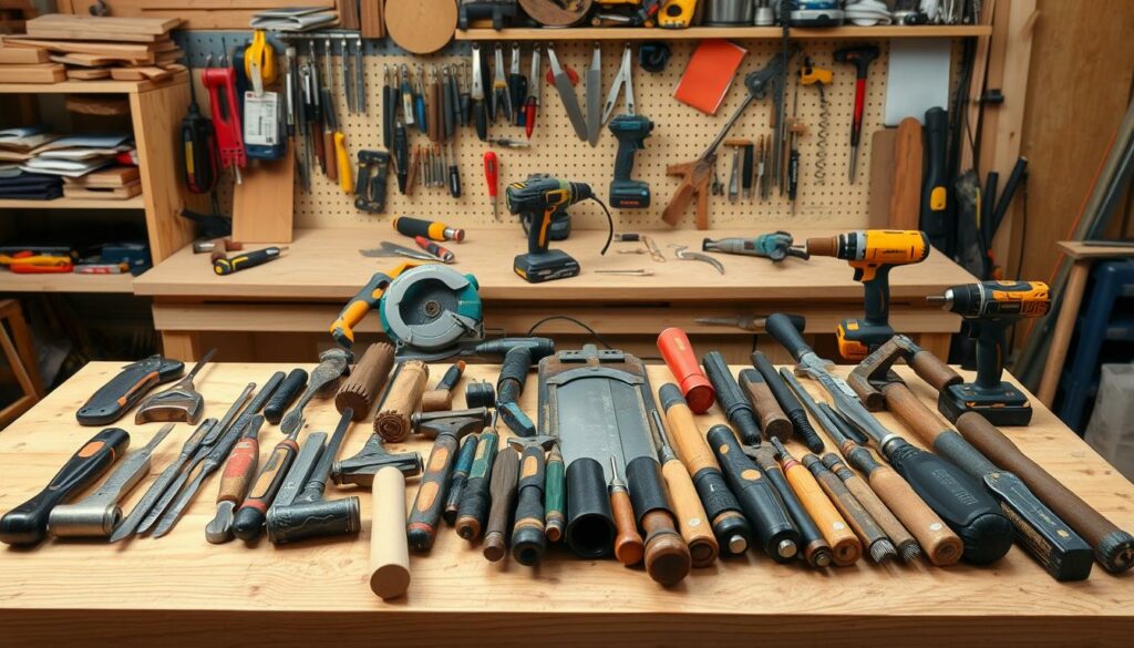A well-lit workshop scene featuring an assortment of carpentry tools arranged neatly on a wooden workbench. In the foreground, a collection of hand tools such as saws, hammers, chisels, and screwdrivers are carefully displayed. In the middle ground, power tools like a jigsaw, orbital sander, and cordless drill stand ready for use. The background showcases a variety of clamps, sandpaper, and other essential items for woodworking projects. The overall atmosphere conveys a sense of organization, preparedness, and the craftsmanship required to build a sturdy, functional sitting bench.