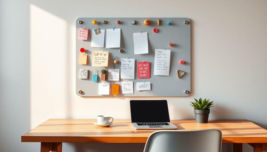 A well-organized, neatly arranged magnetic board in a modern, minimalist home office. The board is mounted on a light gray wall, casting soft shadows. Various colorful magnets hold up handwritten notes, to-do lists, and inspirational quotes. A laptop, a cup of coffee, and a potted plant sit on the adjacent desk, creating a cozy, productive atmosphere. The lighting is warm and natural, accentuating the textures of the wooden desk and the matte finish of the magnetic board. The scene conveys a sense of organization, creativity, and mindfulness in daily life.