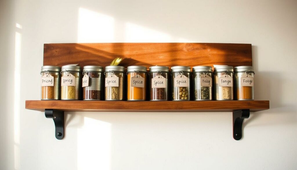 A well-organized spice rack made from upcycled metal cans, neatly arranged on a rustic wooden shelf. The cans are labeled with hand-written tags, each containing a different spice. Shafts of warm, golden light filter through the window, casting a soft glow across the arrangement. In the background, a simple white wall provides a clean, minimalist backdrop, allowing the spice rack to take center stage. The overall composition conveys a sense of practicality, efficiency, and a touch of homemade charm, perfectly reflecting the "Practical Tips for Optimal Spice Rack Usage" section of the article.