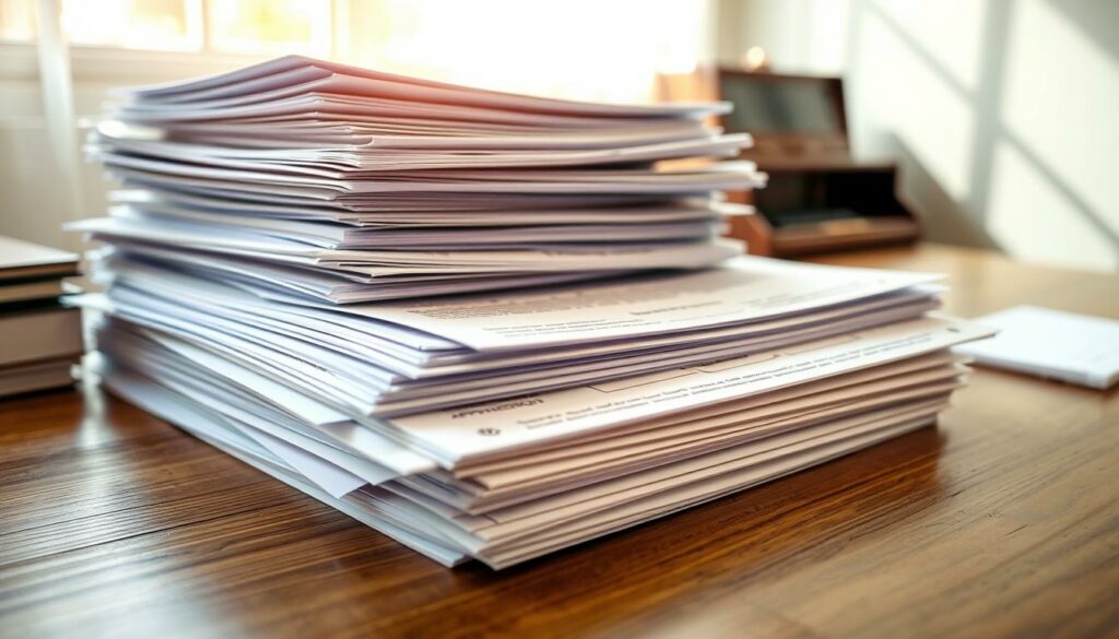 A well-organized stack of official-looking documents, including application forms, contracts, and financial statements, resting on a wooden desk illuminated by soft, natural light from a nearby window. The documents have a sense of importance and gravitas, hinting at the formality and paperwork involved in the loan application process. The overall mood is one of seriousness and attention to detail, reflecting the critical nature of this step in the entrepreneurial journey.