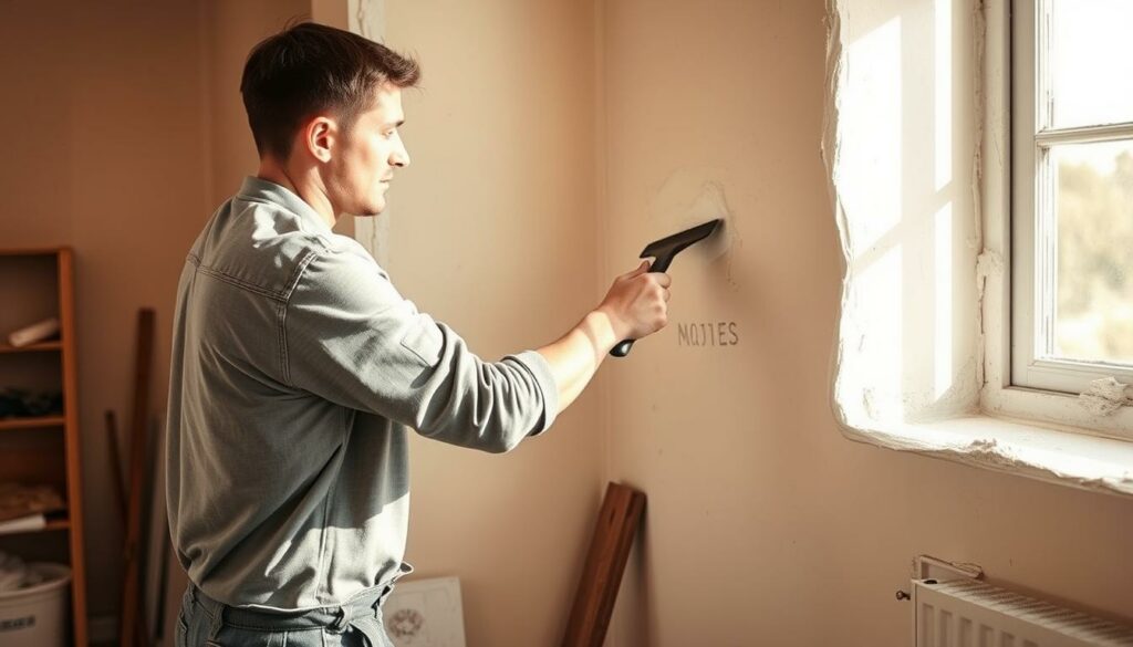 A workman with a trowel in hand, carefully smoothing fresh plaster onto a wall, creating a seamless, even surface. The room is bathed in warm, natural light filtering through a nearby window, casting soft shadows. Tools and materials are neatly organized, hinting at a meticulous, professional approach. The atmosphere is one of quiet focus and attention to detail, capturing the essence of an experienced plasterer at work. The resulting image should convey the skill and care required to avoid common plastering pitfalls, as described in the article's section title.