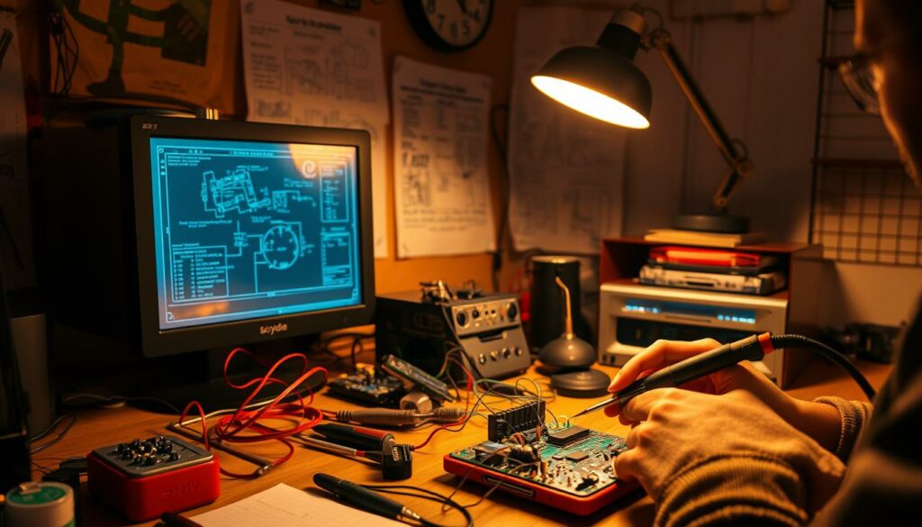 A workspace filled with problem-solving tools - a desktop computer, a variety of electronic components, soldering iron, and wires. A technical diagram hangs on the wall, guiding the process. Warm lighting from a desk lamp casts a focused glow, creating a pensive, thoughtful atmosphere. A person's hands are visible, intently working on a circuit board, solving a technical challenge. The image conveys a sense of expertise, concentration, and the satisfaction of overcoming technical difficulties.