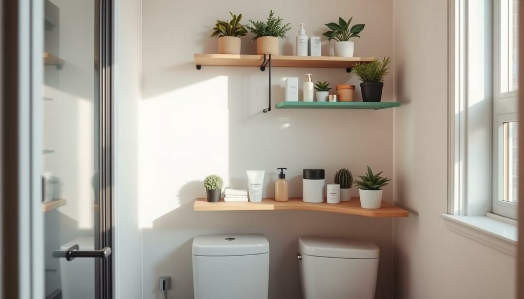 Cozy and compact DIY storage solutions for a mini bathroom, showcasing a stylish wall-mounted shelving unit with floating shelves, holding neatly organized bathroom essentials. The shelves are adorned with potted plants, small decorative items, and carefully curated toiletries. The room is bathed in warm, natural light, with a bright, airy atmosphere. The camera angle is slightly elevated, capturing the entire storage unit and a glimpse of the clean, minimalist bathroom tiles. The overall aesthetic is modern, functional, and space-saving, perfectly suited for a cramped bathroom interior.
