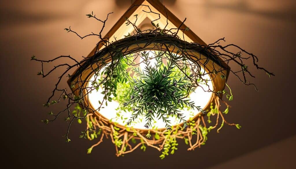 Deckenlampe selber bauen mit Kräutern: A rustic, handmade ceiling lamp adorned with delicate herbs and botanicals. The wooden frame casts a warm, natural glow, complemented by the verdant foliage that cascades from the fixture. Intricate branches twist and turn, creating a layered, organic silhouette. Soft, diffused lighting illuminates the earthy tones and textures, evoking a sense of tranquility and connection to the outdoors. A central cluster of herbs, such as rosemary, thyme, and lavender, adds a fragrant, soothing element. The overall composition is both visually striking and evocative of a cozy, handcrafted DIY project, perfectly suited for the "Kreative Ideen zur individuellen Gestaltung" section.