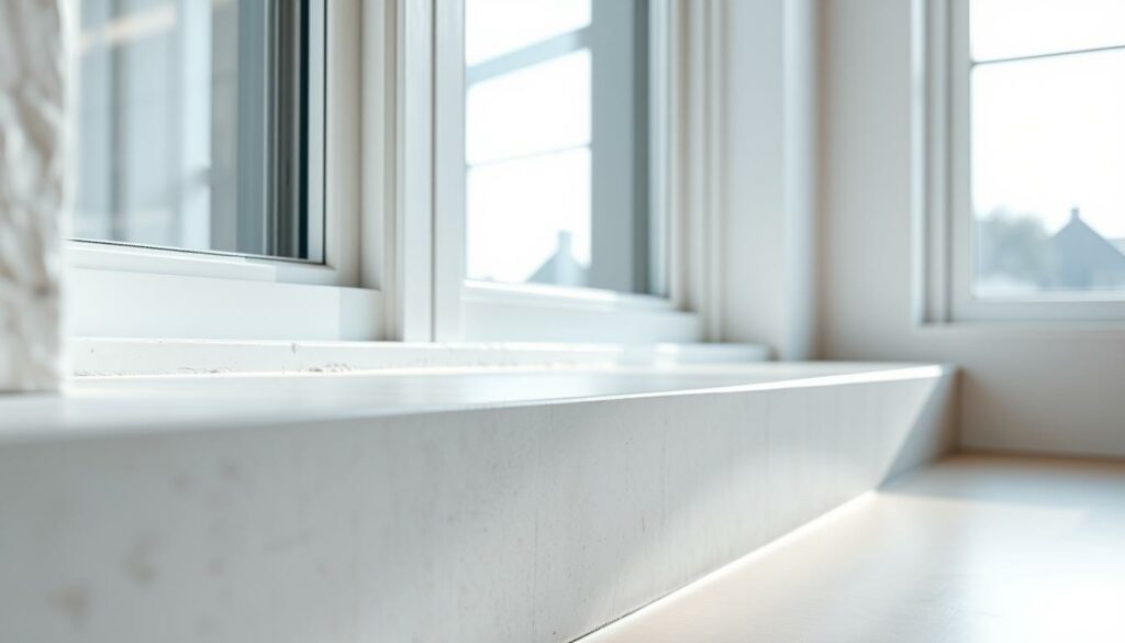 Detailed close-up of a freshly installed concrete window sill, showcasing its smooth, minimalist design and natural texture. The sill is set against a bright, airy backdrop, reflecting ample natural lighting through large windows. The scene is captured with a wide-angle lens, emphasizing the clean, modern aesthetic. Subtle highlights and shadows accentuate the sill's depth and dimensional quality, creating a sense of depth and solidity. The overall mood is one of understated elegance and simplicity, highlighting the beauty of the concrete material.