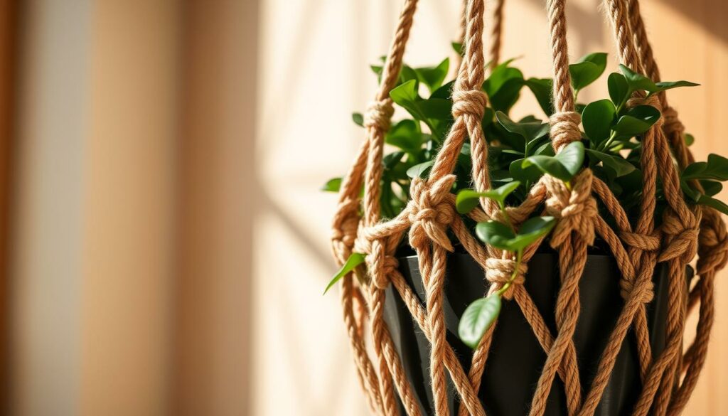 Detailed close-up of a handmade macrame plant hanger, showcasing a complex knot pattern in natural beige and brown tones. The hanger is suspended from thick ropes, creating a rustic, earthy atmosphere. The knots are intricately woven, forming a textured, organic design that complements the lush, verdant potted plant nestled within. Warm, diffused natural lighting illuminates the scene, casting gentle shadows and highlighting the intricate handiwork. The composition emphasizes the artisanal craftsmanship and the harmonious integration of the macrame hanger with the living plant it supports.