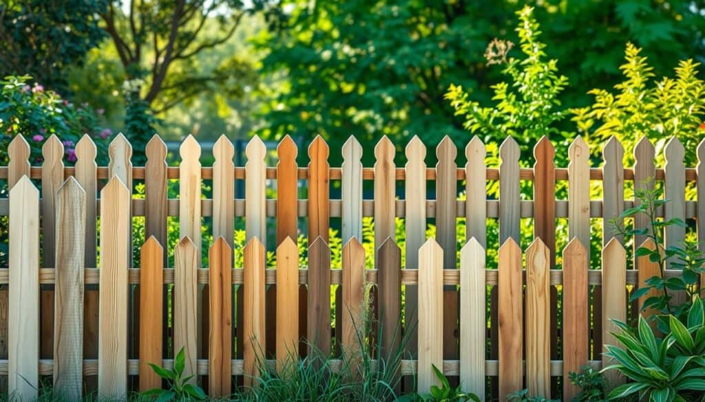 Detailed, high-resolution 4K photographic image of various types of wooden garden fences, showcasing their distinct designs, textures, and construction methods. A central composition highlighting the prominent features and unique characteristics of each fence style, with a natural, lush garden setting in the background providing a cohesive and visually appealing context. The lighting is natural and warm, creating a realistic and inviting atmosphere. The image should convey the beauty, durability, and versatility of these popular wooden fence options.
