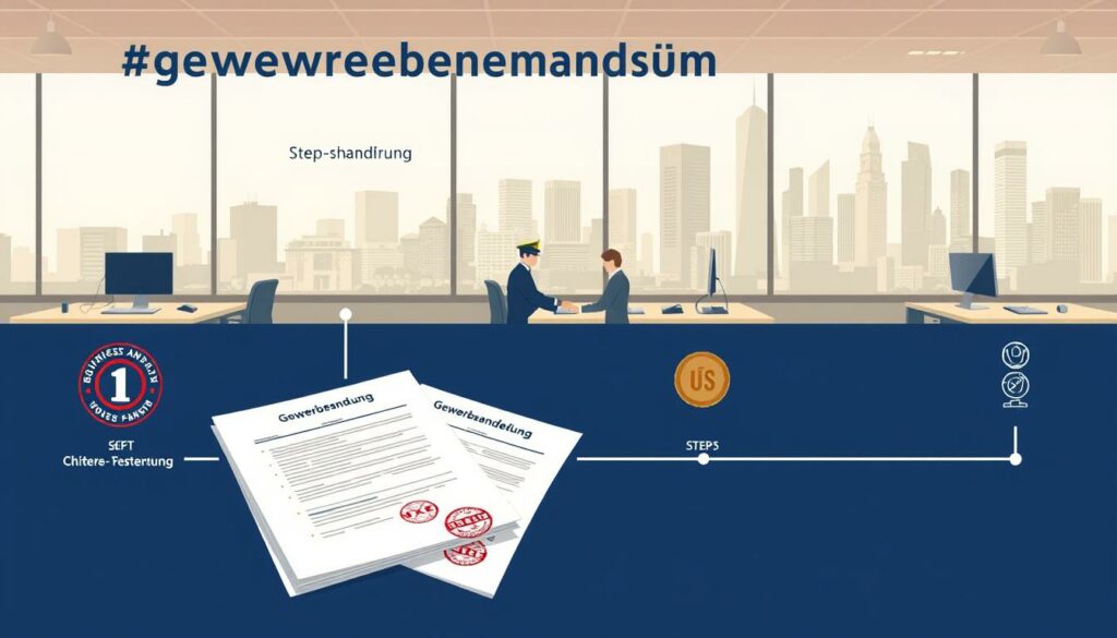 Detailed step-by-step illustration of "Gewerbeanmeldung" (business registration) process. Crisp, clean, well-organized layout with distinct foreground, middle, and background elements. Foreground shows official forms, stamps, and seals. Middle ground features government office interior with desks, computers, and uniformed employees assisting a business owner. Background depicts bustling city skyline with modern buildings. Warm, professional lighting with soft shadows and subtle color palette of blues, grays, and browns. High-resolution, photorealistic rendering with a sense of authority and efficiency conveyed through the scene.