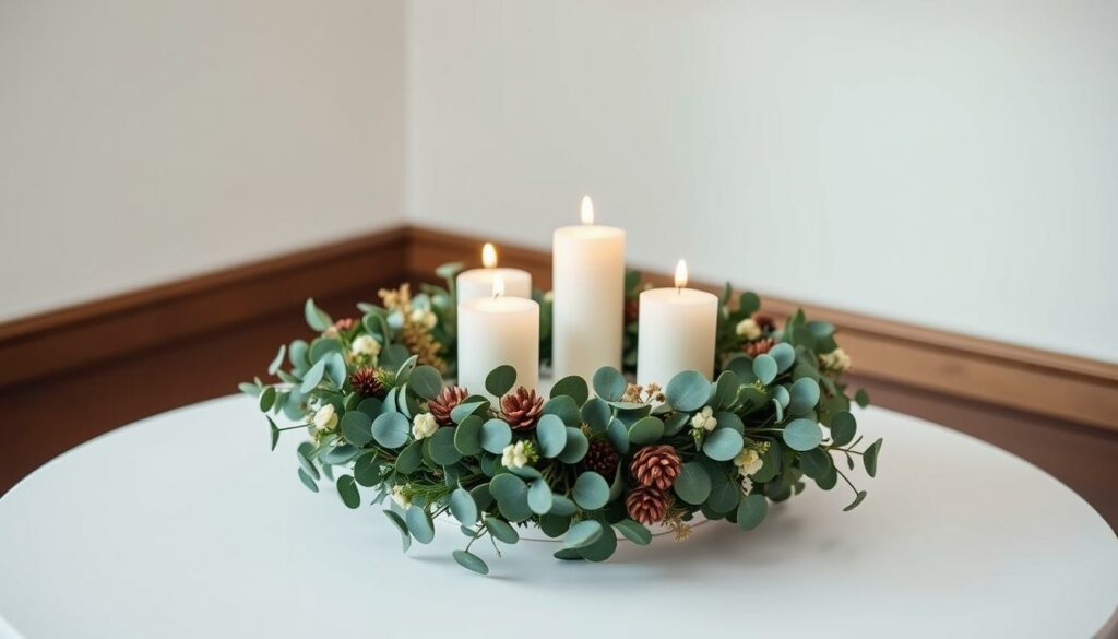 Ein Bild eines modernen Adventskranzes mit Eukalyptus, weißen Kerzen und minimaler Dekoration.