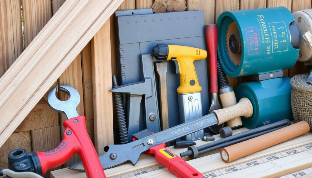 Ein Bild von verschiedenen Werkzeugen und Materialien für den Zaunbau