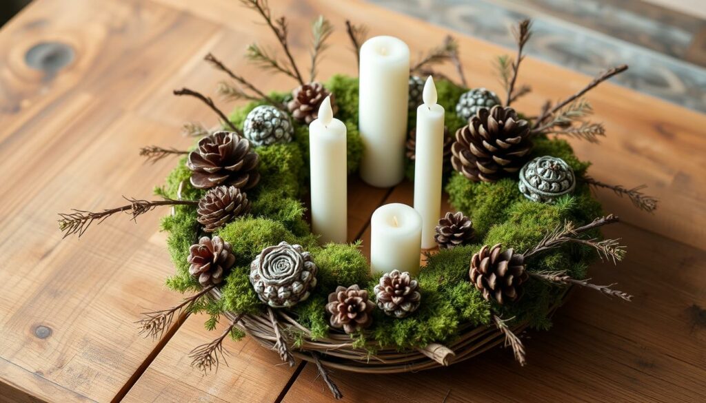 Ein rustikaler Adventskranz mit Tannenzapfen, Moos und Zweigen