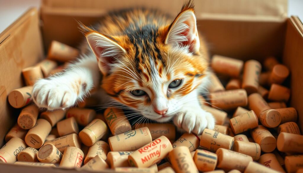 Eine Katze, die in einer Kiste voller Weinkorken wühlt