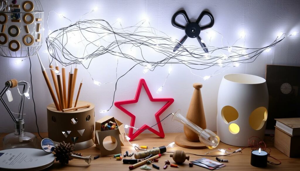 Eine LED-Lichterkette für DIY-Projekte, umgeben von Bastelmaterialien und Dekorationsobjekten