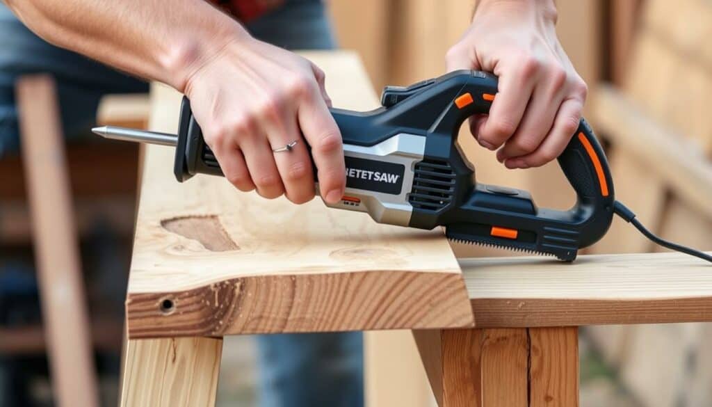 Eine Person hält eine Akku-Säbelsäge und ein Stück Holz