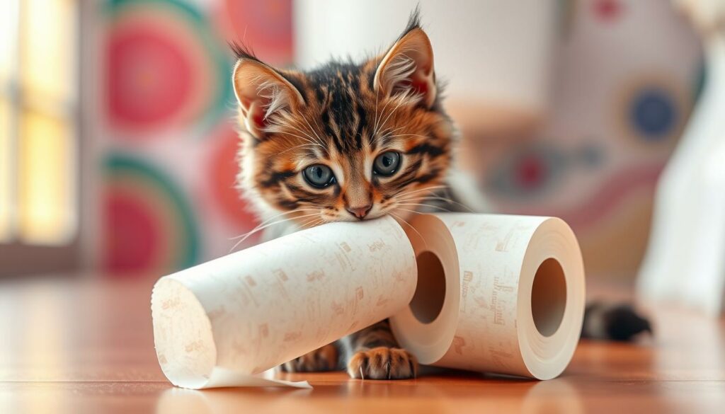Erstelle ein Bild von einer Katze, die mit einer Toilettenpapierrolle spielt.