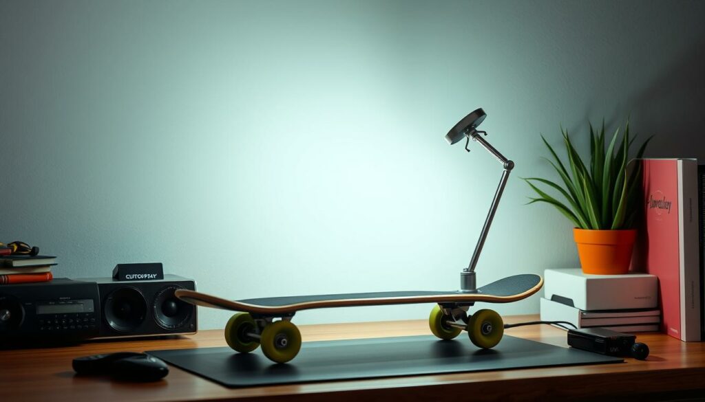 Generiere ein Bild einer Skateboard-Lampe auf einem Schreibtisch.