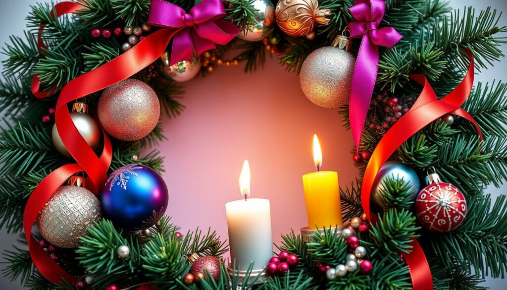 Generiere ein Bild von einem bunten Adventskranz mit glitzernden Christbaumkugeln und farbigen Schleifen.