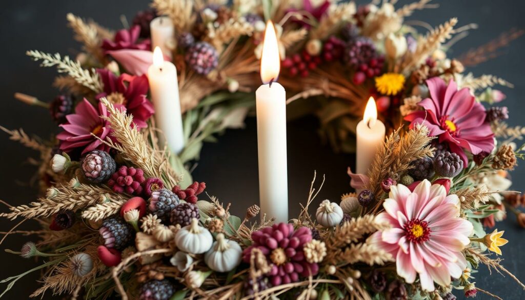 Generieren Sie ein Bild von einem Trockenblumen-Adventskranz mit verschiedenen getrockneten Blumen und Gräsern.