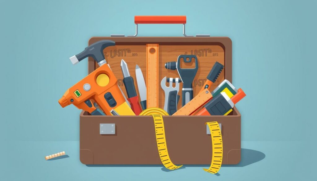 Image of a toolbox with various tools for building a partition wall
