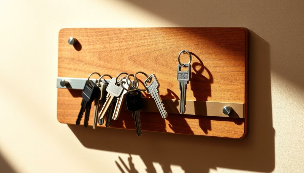 Key holder design ideas, featuring a sleek and modern magnetic key board. A wooden panel with a textured grain serves as the base, accentuated by a clean, minimalist metal rail for holding keys. The keys are arranged in an asymmetric, artful composition, secured by strong magnets. The scene is lit by warm, indirect lighting, casting subtle shadows that highlight the tactile surface and refined details. The overall aesthetic is simple yet stylish, perfect for a contemporary home or office space. The composition offers a balance of form and function, showcasing creative ways to organize and display your keys in an elegant, space-saving manner.