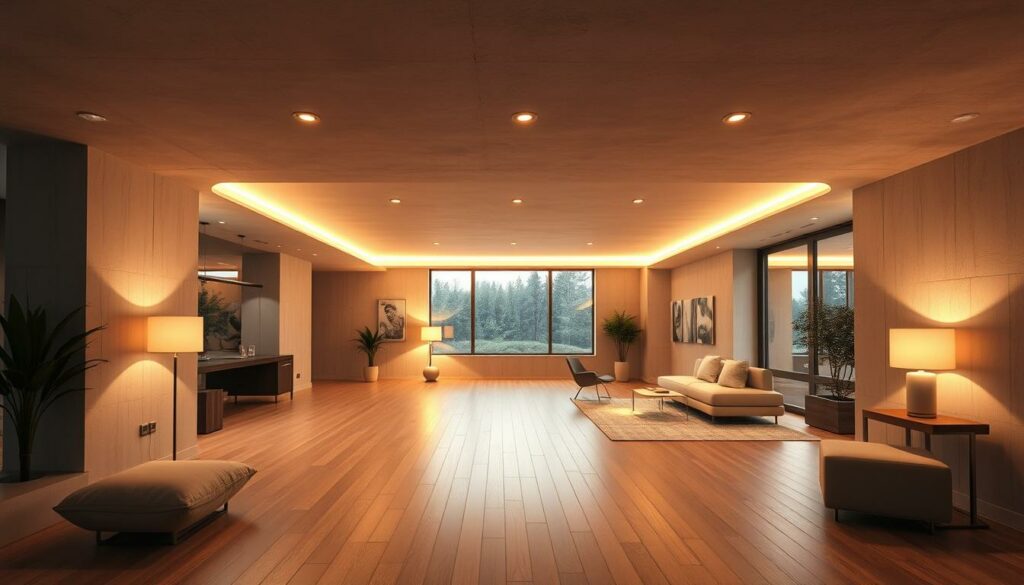 Lichtkonzepte Kellerräume: A bright, inviting basement interior with warm, diffused lighting illuminating the space. Sleek, minimalist decor with clean lines and a neutral color palette create a serene, relaxing atmosphere. Strategically placed recessed lighting and floor lamps cast a soft glow, accentuating the textures of the concrete walls and hardwood floors. Large windows allow natural light to filter in, further enhancing the sense of openness and airiness. An overall sense of calm and tranquility, perfect for a cozy, comfortable living area or home office. Realistic, high-resolution 4K photographic rendering.