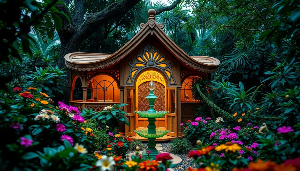Luxurious bird villa nestled amidst a lush, verdant garden. Intricate wooden structure with elegant arched entryways, decorative gables, and delicate latticework. Surrounded by a vibrant array of flowering plants, with a shimmering birdbath and feeders strategically placed. Soft, warm lighting illuminates the scene, creating a cozy, inviting atmosphere. Captured from a low angle, emphasizing the villa's stately presence and the harmonious integration with the natural environment. Conveys a sense of sophisticated, thoughtfully designed refuge for our feathered friends.