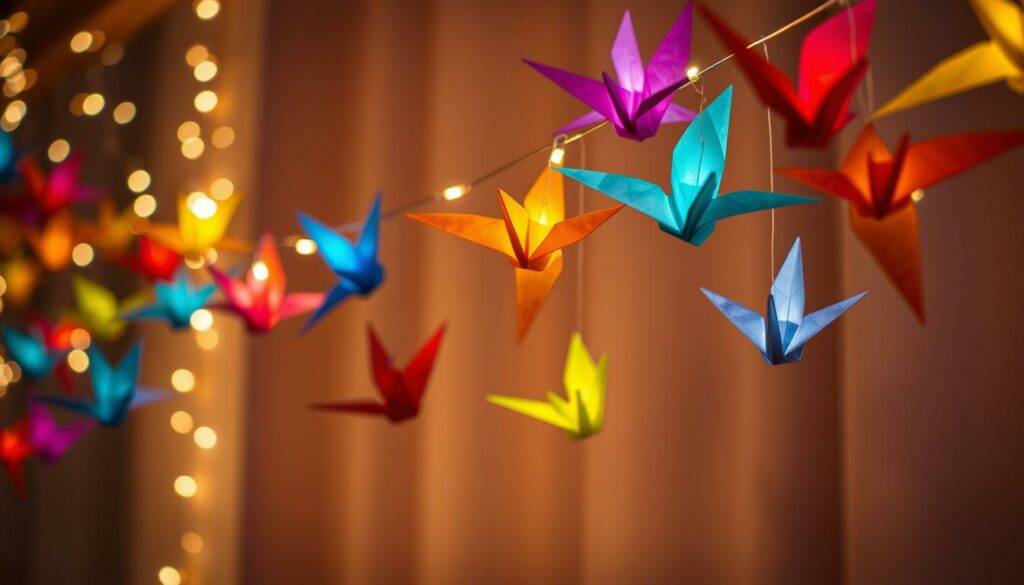 Origami-lighted garland, delicate paper cranes in an array of vibrant colors, suspended gracefully against a softly lit backdrop. Strands of tiny LED lights gently illuminate the intricate folds, casting a warm, ambient glow. The origami forms float effortlessly, creating a mesmerizing display of light and shadow. The scene is bathed in a moody, atmospheric lighting, with a slight blur to the edges, lending an ethereal, dreamlike quality. The overall composition is balanced and visually compelling, inviting the viewer to marvel at the intersection of traditional craft and modern technology.