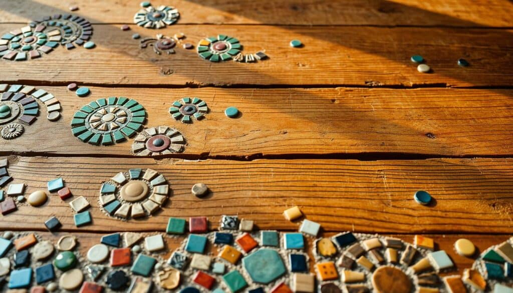 Prepare a wooden table top with a variety of colorful mosaic tiles carefully arranged in a visually striking pattern. Capture the surface in a closeup, high-resolution view that showcases the intricate designs and diverse palette of the tiles. Utilize soft, natural lighting to create a warm, inviting atmosphere that accentuates the textural qualities of the materials. Frame the composition to fill the frame and convey a sense of meticulous craftsmanship and creative expression. Depict the table top at an angle that provides a clear view of the mosaic tiles, allowing the viewer to appreciate the level of detail and artistry involved in the creation of this unique surface.