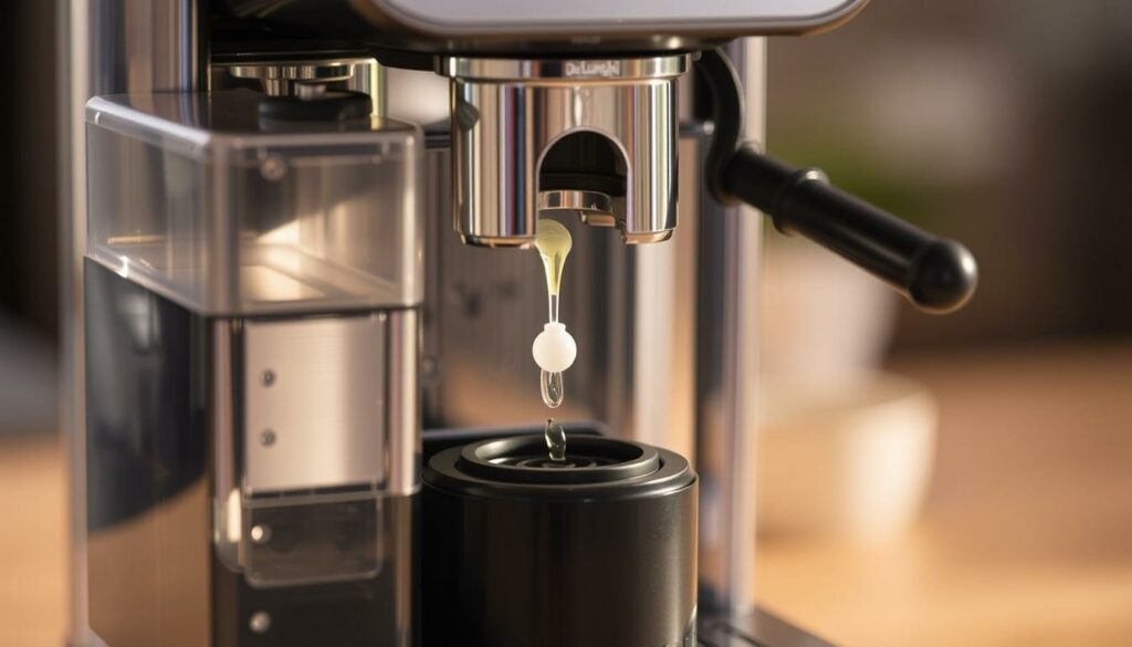 Wer macht Was: A step-by-step decalcification process of a De'Longhi coffee machine. A close-up view of the machine's inner workings, with transparent housing and exposed components. Warm, neutral lighting casts gentle shadows, highlighting the intricate mechanisms. The foreground features the removable water tank and brewing assembly, while the middle ground showcases the descaling solution being poured in. The background blurs softly, drawing the viewer's attention to the detailed, technical nature of the procedure. A sense of precision and care is conveyed, guiding the user through the essential maintenance task.