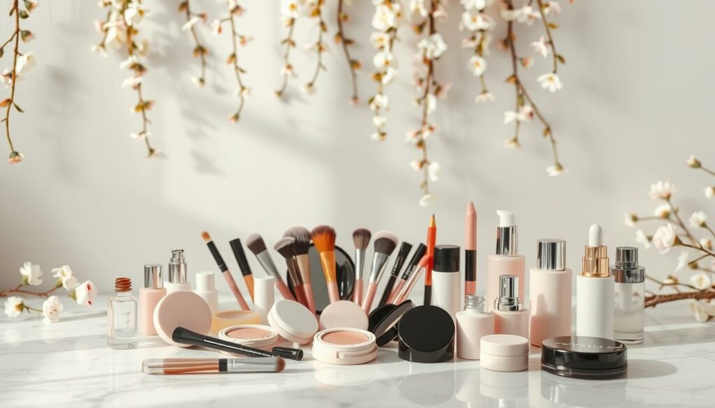 A beauty-themed scene featuring an array of cosmetic products and accessories against a soft, feminine backdrop. A central arrangement of makeup brushes, compacts, and bottles in pastel hues sits atop a white marble surface, bathed in warm, diffused lighting. In the background, delicate floral patterns cascade down the walls, creating a serene, spa-like ambiance. The overall composition evokes a sense of luxury and self-care, perfectly suited to capture the essence of "Beauty-Tipps für Kosmetik-Fans".
