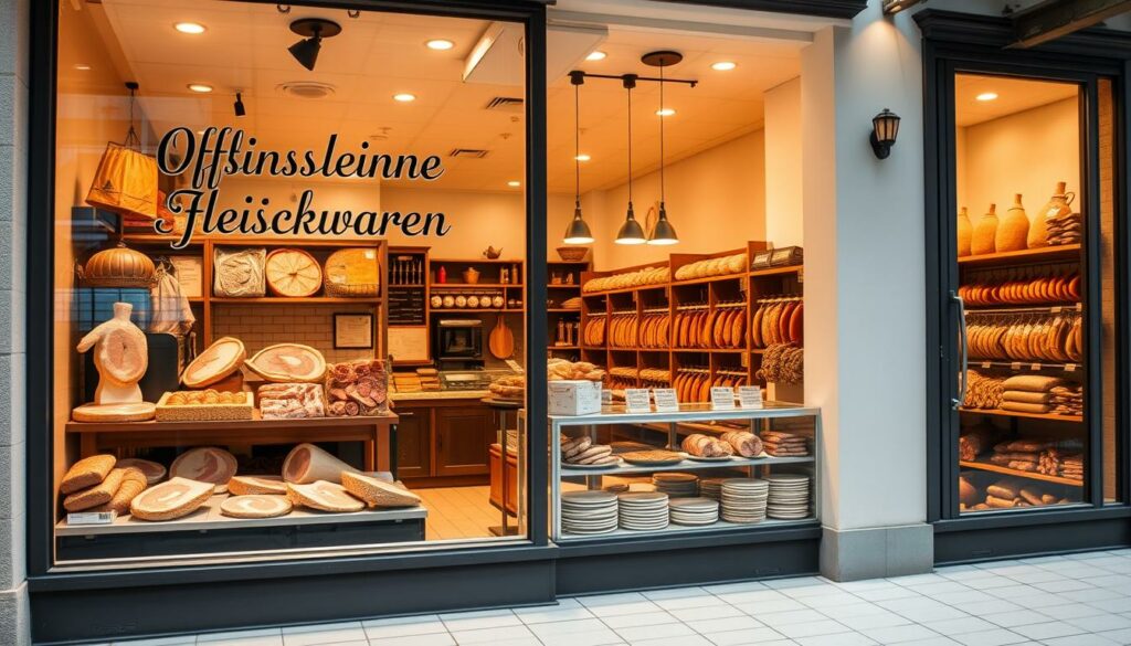 A brightly lit storefront with a large display window showcasing various cuts of fresh, high-quality meats. The window is adorned with a simple, elegant sign that reads "Öffnungszeiten Fleischwaren" in a stylish font. The interior is warmly lit, revealing a well-organized and inviting butcher shop, with clean white tile floors and wooden shelves stocked with an array of artisanal sausages, smoked hams, and other premium meat products. The shop has a classic, traditional aesthetic, with a touch of modern flair, conveying a sense of pride and attention to detail in the craftsmanship of the Fleischwaren. The overall atmosphere is one of quality, care, and community.