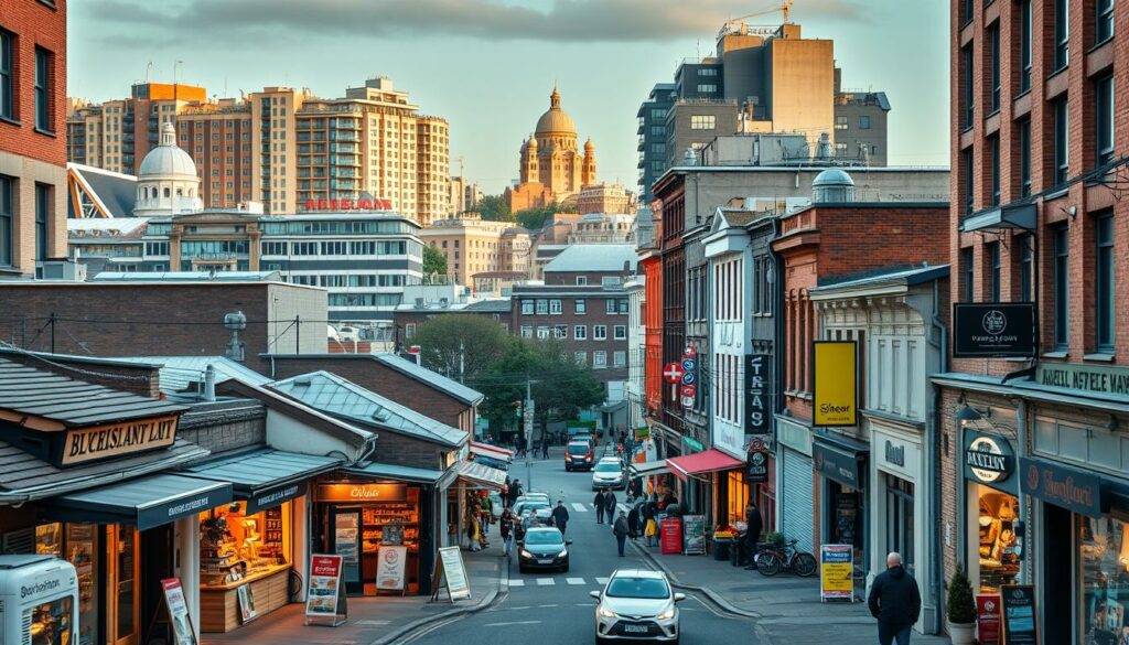 A bustling urban scene capturing the diverse nature of specialized business types. In the foreground, a series of unique storefronts and workshops, each with its own distinct architectural style and signage, representing the eclectic mix of commercial activities. The middle ground features a lively street scene, with pedestrians and vehicles interacting, showcasing the vibrant energy of the local community. In the background, a blend of modern and historic buildings creates a visually interesting cityscape, hinting at the rich cultural and commercial heritage of the area. The lighting is warm and inviting, casting a soft glow over the scene and accentuating the unique character of the "Besondere Gewerbearten".