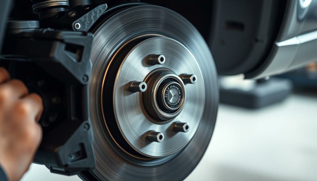 A close-up, detailed shot of an automotive brake disc being carefully aligned and centered on a car's brake caliper. The scene is well-lit, with soft, diffused lighting from the side to highlight the intricate surface textures of the metal disc. The camera angle is slightly tilted, providing an informative, almost educational perspective of the brake disc alignment process. The overall mood is one of precision, focus, and technical expertise, conveying the importance of proper brake maintenance and adjustment. The background is blurred, keeping the attention on the central action of the brake disc alignment.