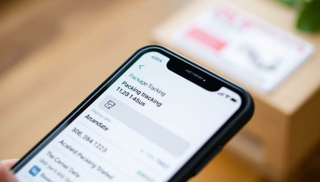 A closeup view of a smartphone screen displaying a package tracking interface, with a clean and minimalist design. The screen shows detailed information about the package's journey, including the current status, delivery date, and shipping history. The background is blurred, creating a sense of focus on the important tracking details. The lighting is soft and natural, illuminating the screen's crisp display. The camera angle is slightly elevated, providing a clear and unobstructed view of the tracking interface. The overall mood is one of efficiency and transparency, conveying the importance of package delivery information.