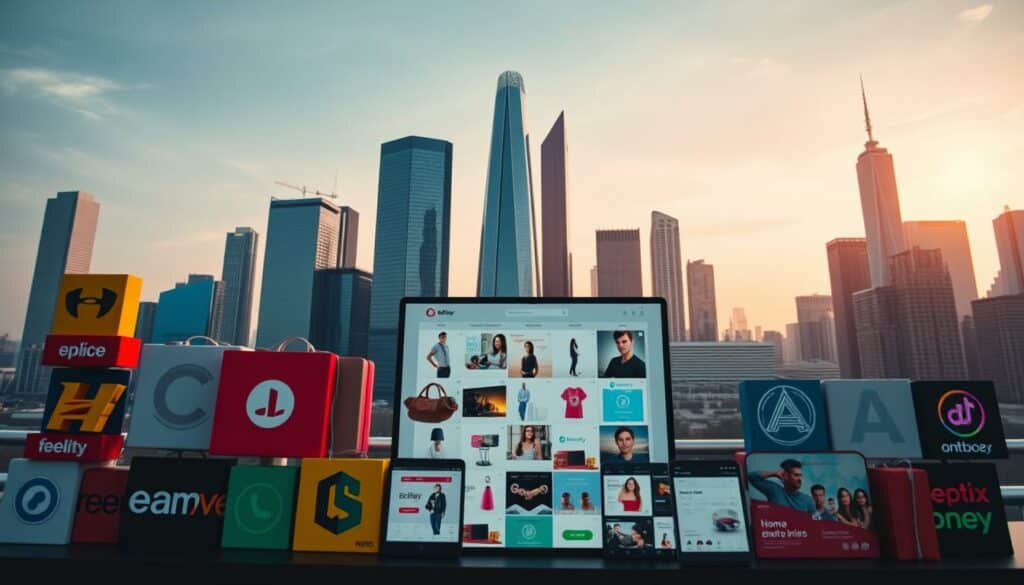 A comparison of various online shops, showcasing their distinct offerings and user experiences. In the foreground, a group of colorful e-commerce platform logos, each with a unique visual style and branding. In the middle ground, a grid of product images, ranging from fashion and electronics to home goods and entertainment, highlighting the diverse inventory. In the background, a sleek, minimalist cityscape with towering skyscrapers, hinting at the global reach and technological prowess of these digital marketplaces. The scene is bathed in a warm, inviting light, creating a sense of accessibility and consumer confidence. Captured with a wide-angle lens to encapsulate the breadth and scale of the online shopping landscape.