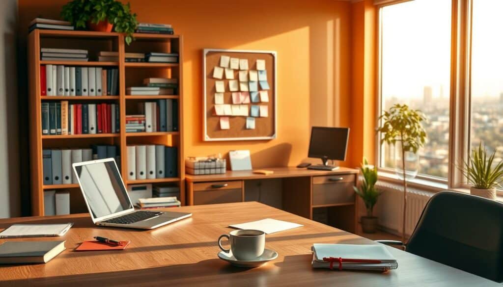 A cozy and inviting office setting with a large desk in the foreground, adorned with a laptop, stationery, and a cup of coffee. In the middle ground, a bookshelf filled with reference materials and a bulletin board displaying handwritten notes and sticky tabs. The background features a warm-toned wall with a window overlooking a scenic cityscape, bathed in soft, natural lighting. The overall atmosphere conveys a sense of productivity and problem-solving, reflecting the "Häufige Fragen und Probleme" theme.