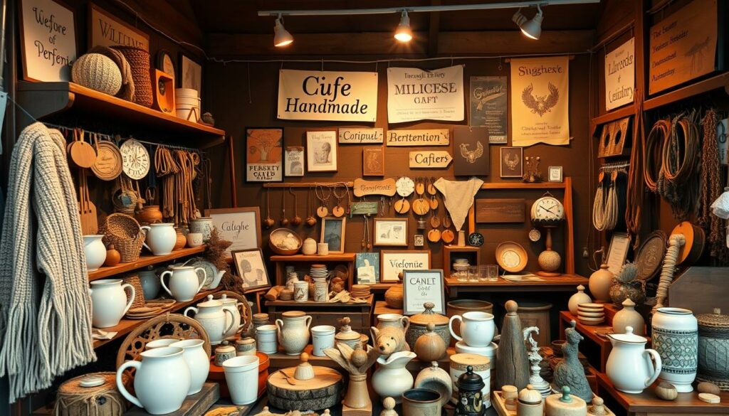 A cozy, well-lit craft fair booth displaying an array of handmade products. The foreground features a variety of rustic, artisanal items such as knitted scarves, ceramic mugs, and wooden trinkets. The middle ground showcases a well-curated selection of handmade jewelry, artwork, and home decor. In the background, a backdrop of vintage-inspired banners and signs invites passersby to explore the wares. Warm lighting casts a soft glow, creating an inviting and tactile atmosphere for shoppers to browse the unique, one-of-a-kind creations.