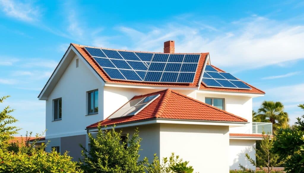A detailed architectural rendering of a residential solar panel installation project, showcasing the planning and design elements. The foreground depicts a modern two-story house with a prominent, symmetrical roof, surrounded by lush greenery. The middle ground features an array of high-efficiency solar panels meticulously arranged on the rooftop, capturing the sun's energy. In the background, a clear blue sky with soft, wispy clouds sets the scene. The lighting is natural and directional, casting subtle shadows that emphasize the geometric shapes and textures of the solar panels and building. The overall composition conveys a sense of harmonious integration between renewable energy technology and a sustainable, eco-friendly home.