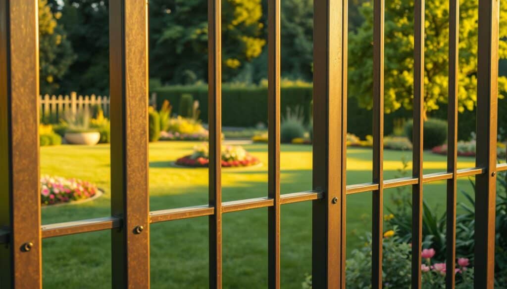 A detailed metal fence in a lush garden, the "Metallzaun Höhe" stands tall and imposing. The foreground showcases the sturdy, vertical metal posts and crossbeams, their sleek surfaces catching the warm, golden light. The middle ground features a well-manicured lawn, dotted with vibrant flower beds and lush foliage, creating a serene and picturesque backdrop. In the distance, a verdant tree line frames the scene, adding depth and a sense of tranquility. The lighting is soft and diffused, casting gentle shadows that accentuate the fence's intricate design. The overall composition conveys a sense of privacy, security, and harmonious integration of the metal structure within the natural garden setting.