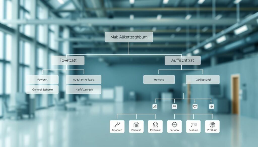 A detailed organizational chart depicting the key governing bodies and operational roles within a modern Aktiengesellschaft (public limited company). In the foreground, a crisp, technical illustration shows the Vorstand (executive board), Aufsichtsrat (supervisory board), and Hauptversammlung (general assembly), connected by clean lines and shapes. The middle ground features smaller icons representing specialized departments like Finanzen, Personal, and Produktion, all carefully arranged. The background subtly fades into an elegant, minimalist industrial setting, evoking a sense of professionalism and corporate efficacy. Rendered in a cool, neutral color palette with smooth, precision-engineered aesthetics to visually communicate the structured, systematized nature of corporate governance.