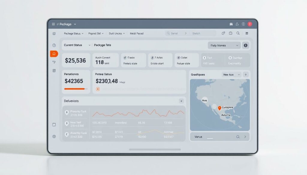 A detailed package status overview showing various stages of a delivery, displayed on a sleek and modern dashboard interface. The foreground features a clean, minimalist design with a central hub displaying the current status and progression of the package. The middle ground showcases a timeline view with checkpoints and a map view highlighting the package's location. The background incorporates subtle textures and gradients to create a sense of depth and professionalism. The lighting is soft and even, accentuating the digital aesthetic. The overall mood is one of efficiency, transparency, and a premium user experience for package tracking.