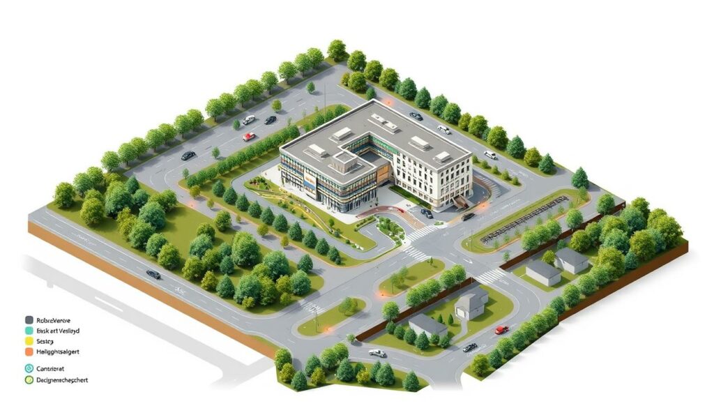 A detailed site plan of Gesundheitszentrum Düsseldorf, showcasing its strategic location and accessibility. Crisp architectural rendering in isometric perspective, with clean linework and muted colors. The modern healthcare facility nestled amidst lush greenery, surrounded by prominent landmarks and well-connected transportation hubs. Precisely labeled entryways, parking areas, and pedestrian paths invite visitors. A clear, uncluttered layout highlighting the center's prominence and easy reach from major roads and public transit. Bathed in warm, directional lighting that enhances the professional, reliable atmosphere. Conveys a sense of comprehensive healthcare services within a conveniently situated, accessible complex.