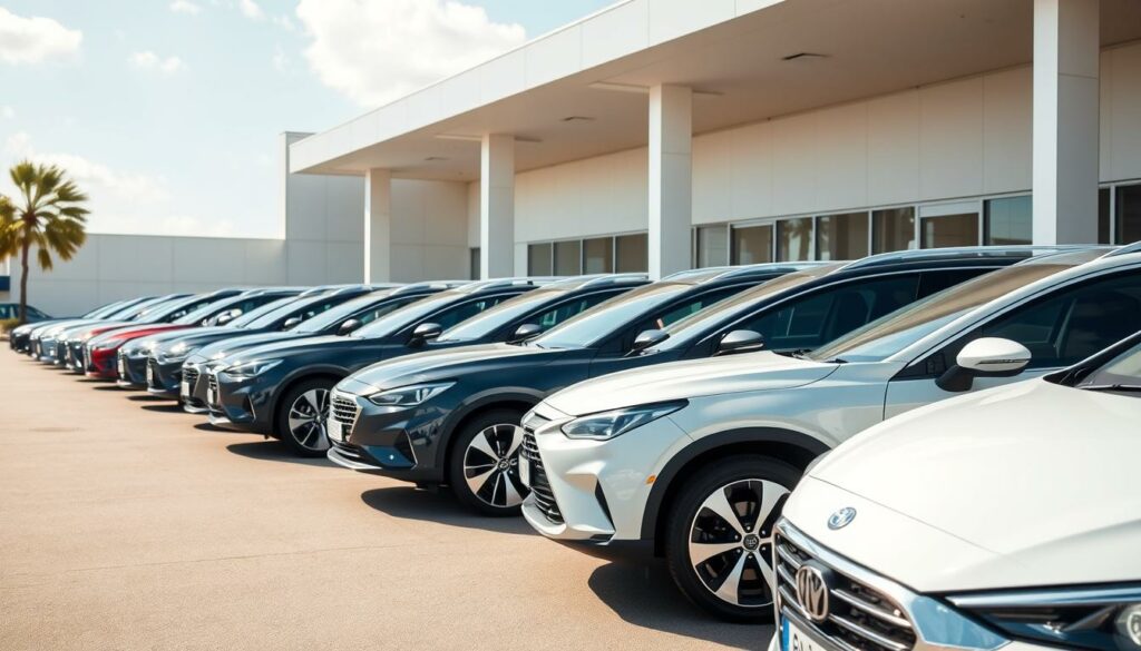 A high-quality, detailed image of a lineup of Autoscout24 Smyle-certified used cars. The cars are parked on a bright, sunny day in a spacious outdoor showroom with a modern, minimalist architectural backdrop. The vehicles are neatly arranged, showcasing their clean, well-maintained exteriors in a variety of popular models and colors. The lighting is soft and natural, highlighting the cars' sleek lines and glossy finishes. The scene conveys a sense of trust, reliability, and an easy, hassle-free used car shopping experience.