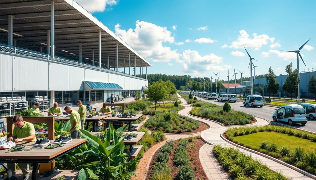 A modern and sustainable Adidas factory, set against a backdrop of lush greenery and a clear blue sky. In the foreground, workers in eco-friendly uniforms assemble high-performance athletic shoes using recycled materials. The factory's exterior features solar panels and wind turbines, showcasing Adidas' commitment to renewable energy. The middle ground reveals carefully curated gardens and walking paths, where employees enjoy their breaks in a serene, nature-inspired environment. In the background, sleek, energy-efficient vehicles transport the finished products, underscoring Adidas' holistic approach to sustainability. The scene conveys a sense of harmony between industry, nature, and environmental consciousness, reflecting Adidas' position as a leader in sustainable manufacturing.