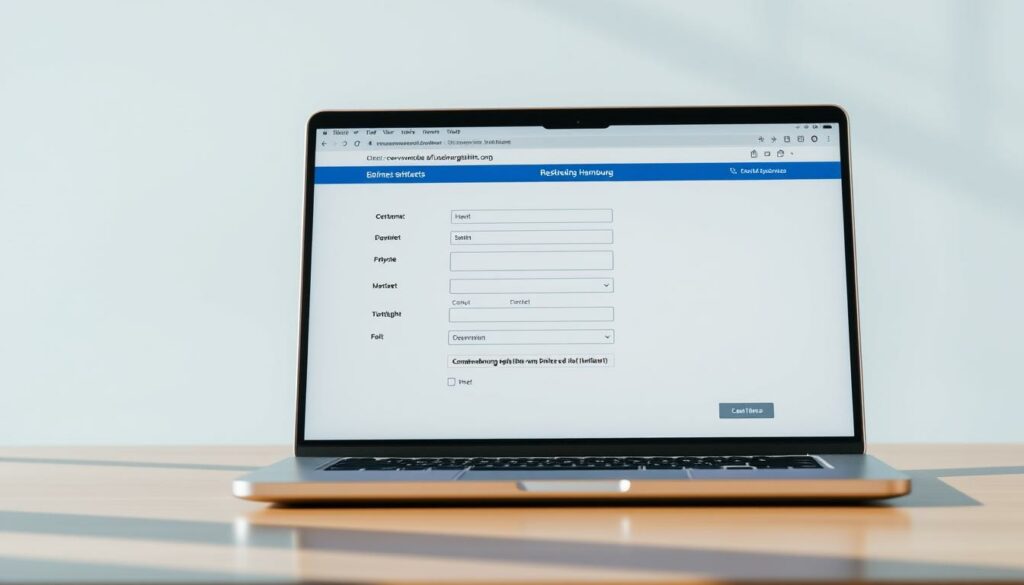 A modern and visually appealing online form for a business registration, displayed on a sleek laptop screen. The form has a clean and intuitive user interface, with input fields, dropdown menus, and clearly labeled sections. The background is a gradient of professional blues and grays, conveying a sense of authority and trustworthiness. Bright, natural lighting illuminates the scene, creating a warm and inviting atmosphere. The overall composition emphasizes the simplicity and ease of the online registration process, reflecting the section title "Gewerbeanmeldung Hamburg online durchführen".