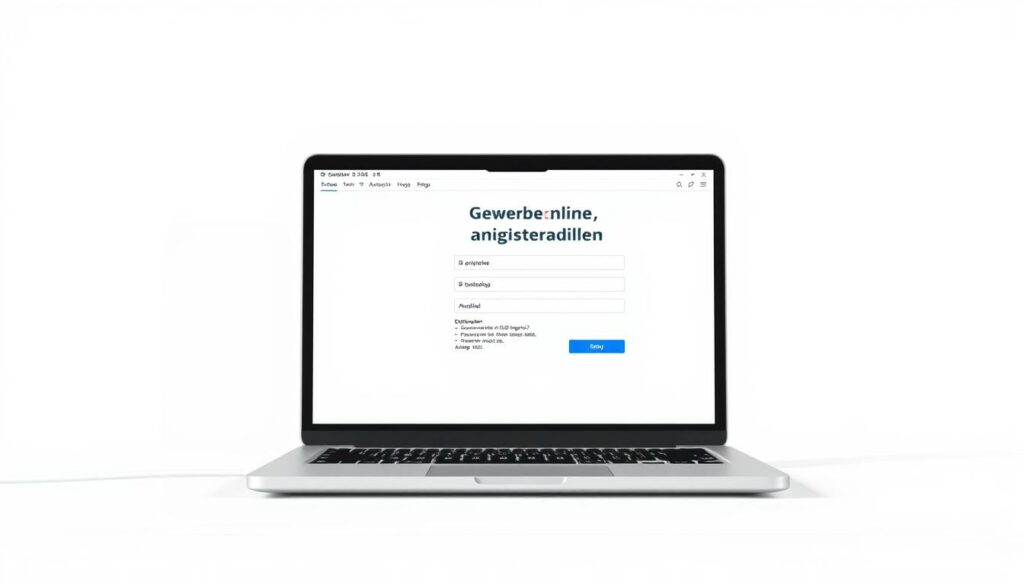 A modern, minimalist illustration of a laptop computer screen displaying a user interface for "Gewerbe online anmelden" (registering a business online). The screen is situated on a clean, white desk against a soft, neutral backdrop, with subtle lighting casting gentle shadows. The interface design features clear, legible typography, intuitive navigation, and a user-friendly layout, conveying the efficiency and convenience of online business registration. The overall composition strikes a balance between simplicity and professionalism, reflecting the subject matter and its role in the article.