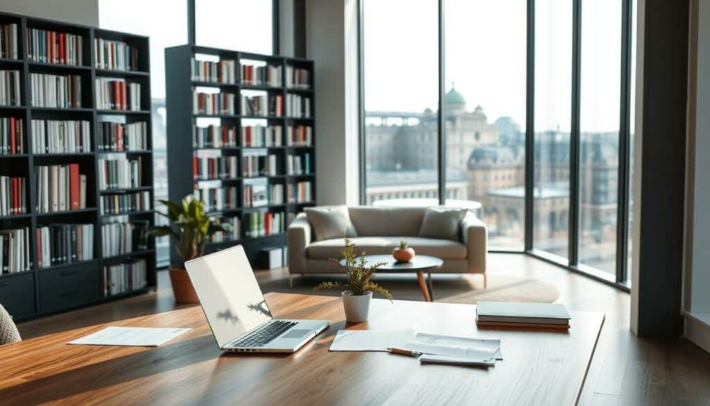 A modern, minimalist office space with large windows and plenty of natural light. In the foreground, a sleek, wooden desk with a laptop, papers, and a small plant. Behind it, a floor-to-ceiling bookshelf filled with reference materials. The middle ground features a comfortable seating area with a couch and armchair, creating a collaborative work environment. The background showcases a cityscape of Berlin through the windows, with architectural details and a sense of urban vibrancy. The lighting is soft and diffused, casting a warm, professional atmosphere. The overall composition conveys a well-organized, productive, and administrative setting suitable for a business registration process.