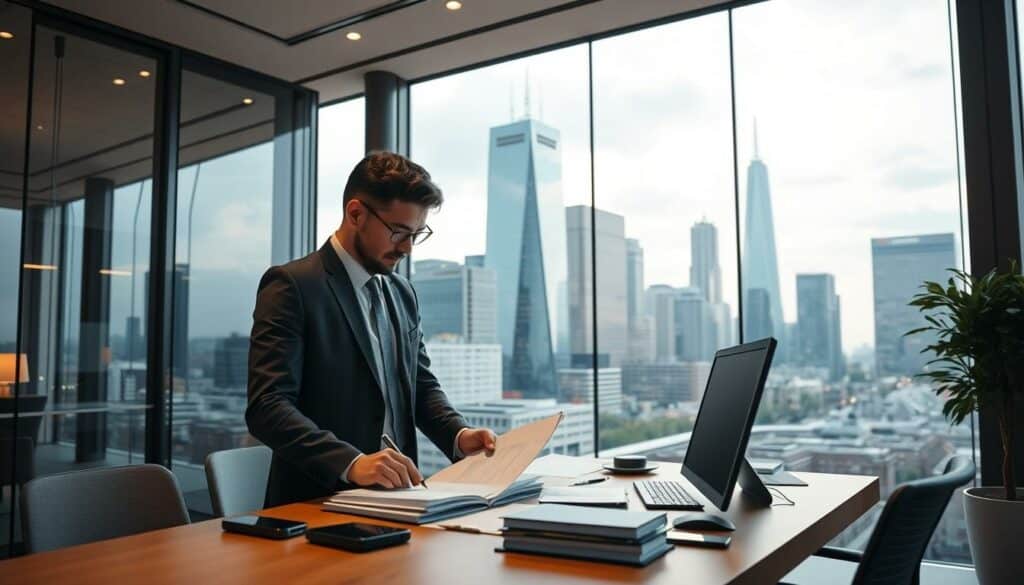 A modern office building set against the iconic skyline of Frankfurt am Main, the financial capital of Germany. In the foreground, a person stands at a desk, reviewing documents and making notes - the process of registering a new business in the city. Soft, warm lighting illuminates the interior, creating a professional and productive atmosphere. The middle ground features a computer, mobile phone, and other office supplies, hinting at the digital and technological aspects of the business registration process. In the background, the gleaming towers of the Frankfurt banking district rise up, symbolizing the city's status as a global financial hub. The mood is one of efficiency, progress, and opportunity, reflecting the dynamic and thriving business environment of Frankfurt.